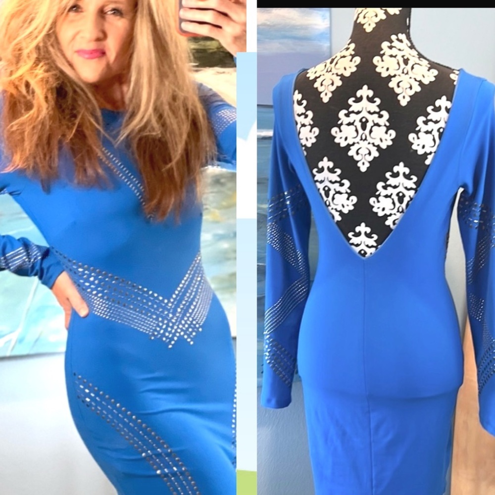 🔥Bebe, BodyCon Bright Blue Mini Dress, Gorgeous Silver Detailing,  M
